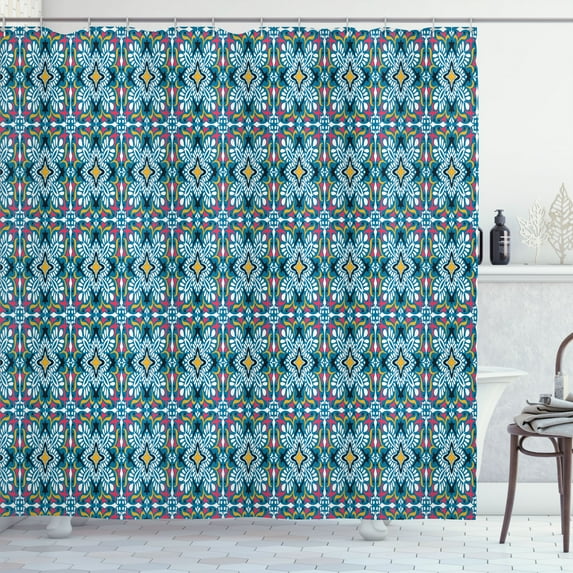 Ambesonne Boho Shower Curtain, Azulejo Style Floral Tile Art, 69"Wx75"L, Sky Blue Multicolor