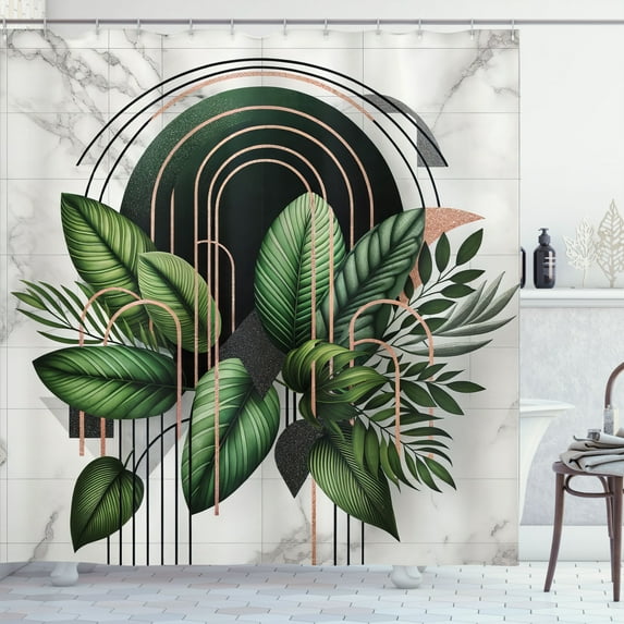 Ambesonne Boho Shower Curtain, Leaves Art Mid Century Modern, 69"Wx84"L, Fern Green Off White Tan