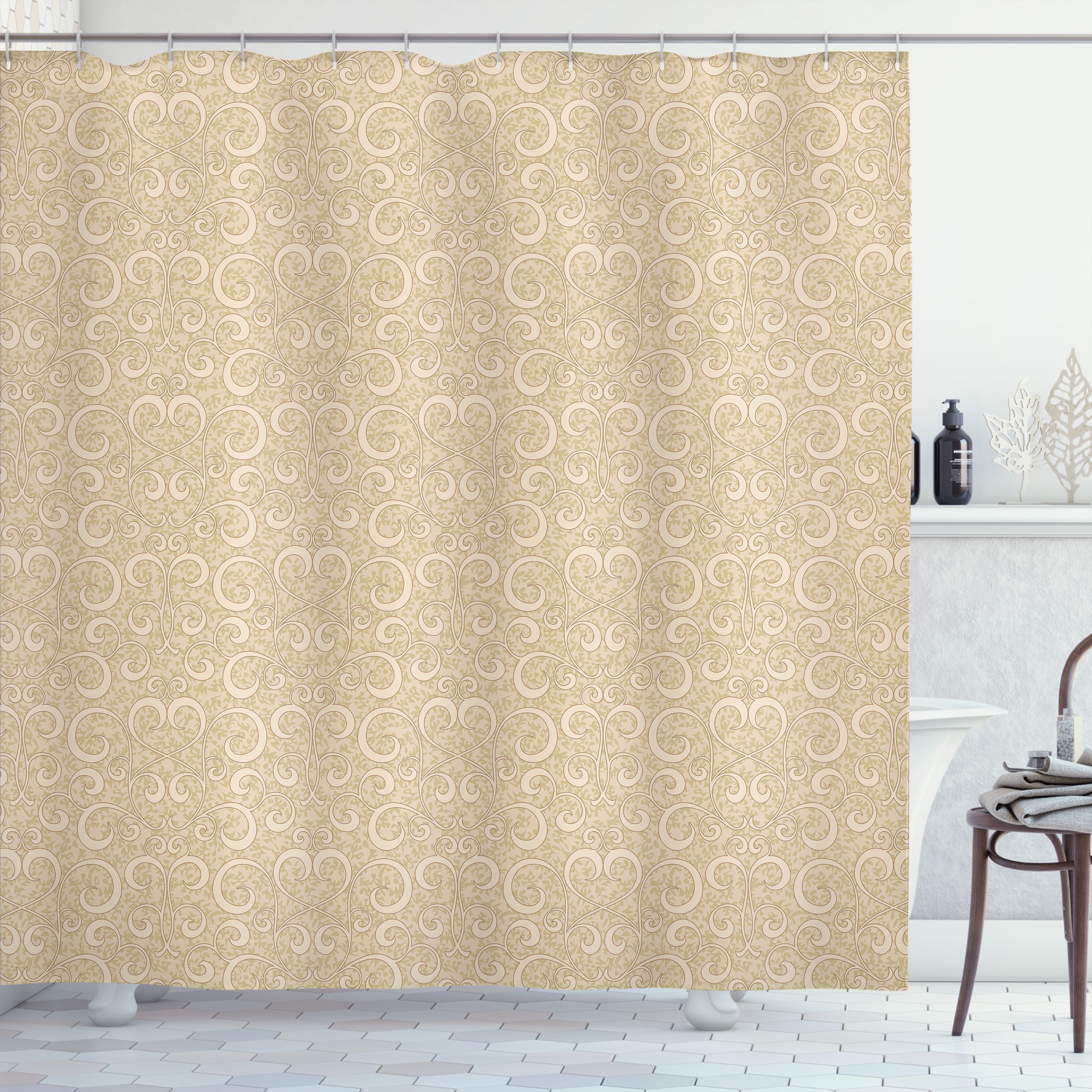 Beige Fabric Shower Curtain with Floral Patterns and Hooks