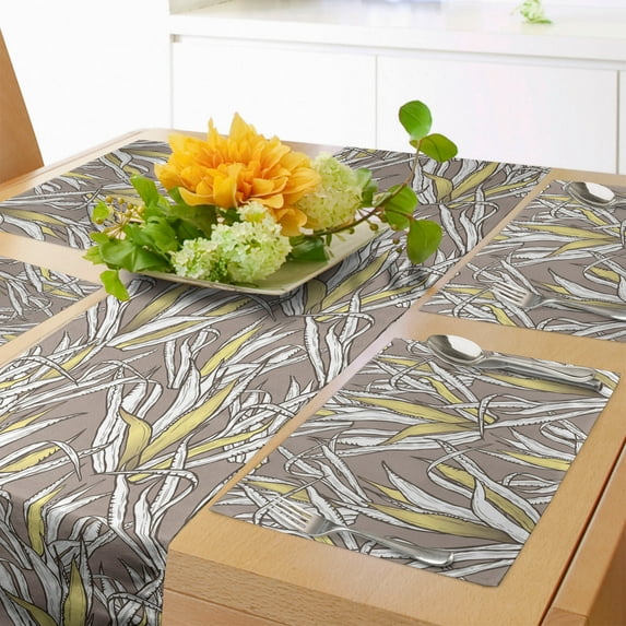 Ambesonne Boho Table Runner & Placemats, Branches or Leaves Pattern, Placemat 4 pcs + Runner 16"x90", Warm Taupe Pastel Yellow