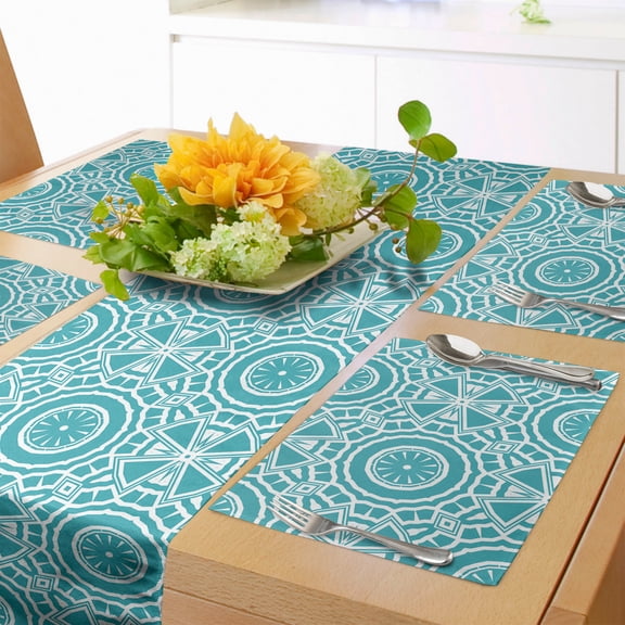 Ambesonne Boho Table Runner & Placemats, Modern Mandala Effect Pattern, Placemat 4 pcs + Runner 16"x72", Dark Seafoam and White