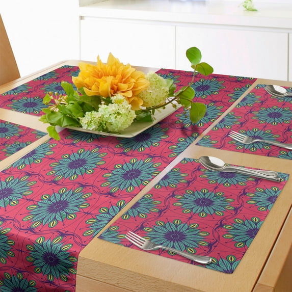 Ambesonne Boho Table Runner & Placemats, Oriental Style Blossom Leaves, Placemat 4 pcs + Runner 12"x72", Hot Pink and Turquoise