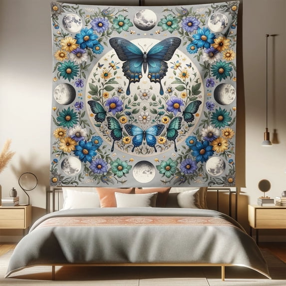 Ambesonne Boho Tapestry Queen Size, Colorful Floral Moon Butterfly, 88"x88", Sea Blue Pale Grey Teal