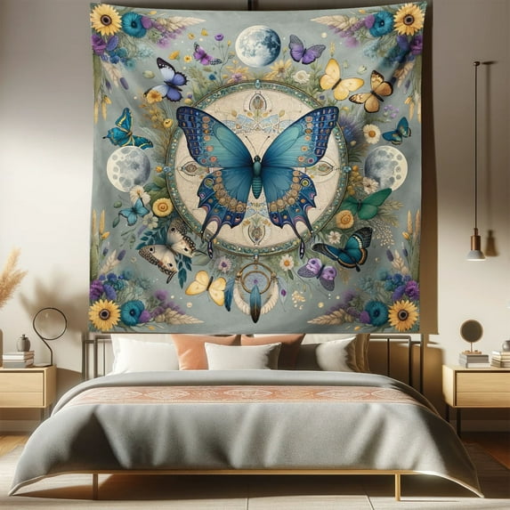 Ambesonne Boho Tapestry Queen Size, Sunflower Moon Moth Witchy Art, 88"x88", Cadet Blue Blue Grey