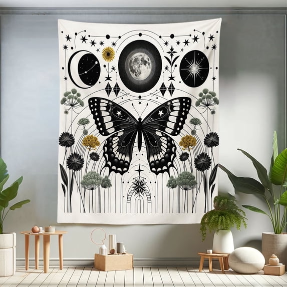 Ambesonne Boho Tapestry Twin Size, Medieval Witchy Butterfly Moon, 68"x88", Cream Dark Grey Green