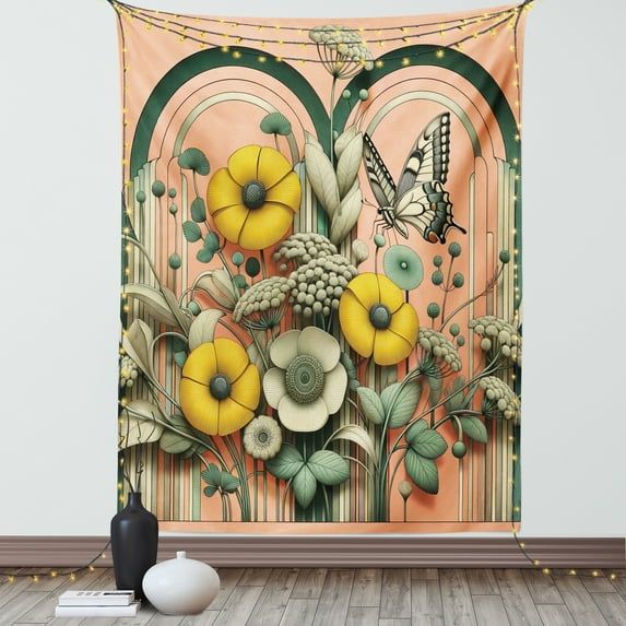 Ambesonne Boho Tapestry Wall Hanging, Spring Greenery Witch Moth Art, 40"x60", Salmon Green Mustard