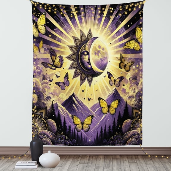 Ambesonne Boho Tapestry Wall Hanging, Sun and Moon Esoteric Artwork, 60"x80", Violet Mustard Dark Grey