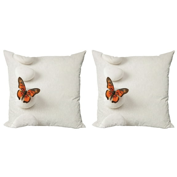 Ambesonne Boho Throw Pillow Cover 2 Pack, Butterfly Rocks Healing, 20", White Orange