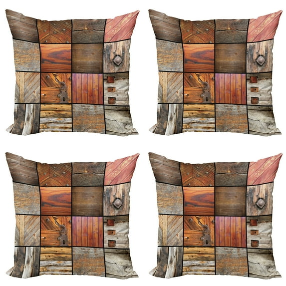 Ambesonne Boho Throw Pillow Cover 4 Pack, Wooden Timber Door Key, 16", Chocolate Brown