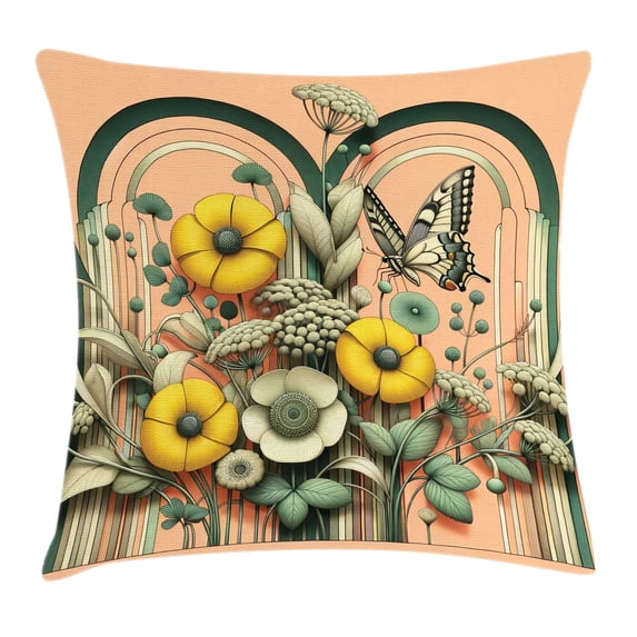 Ambesonne Boho Throw Pillow Cushion Cover, Spring Greenery Witch Moth Art, 16" X 16", Salmon Green Mustard