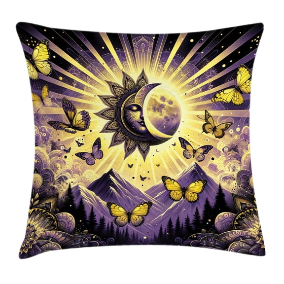 Ambesonne Boho Throw Pillow Cushion Cover, Sun and Moon Esoteric Artwork, 16" X 16", Violet Mustard Dark Grey