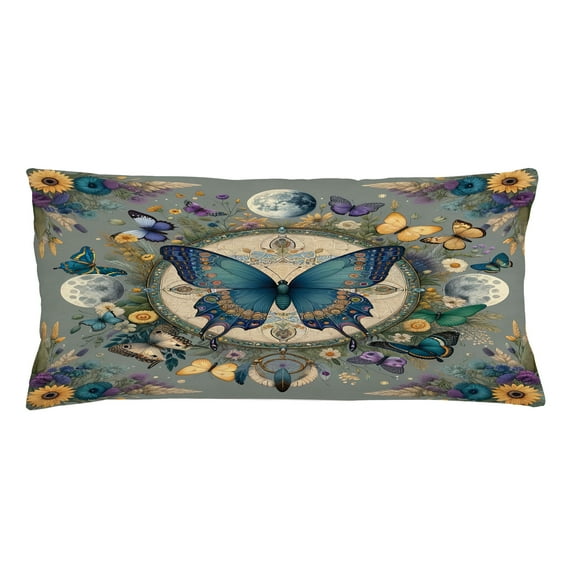 Ambesonne Boho Throw Pillow Cushion Cover, Sunflower Moon Moth Witchy Art, 36" X 16", Cadet Blue Blue Grey