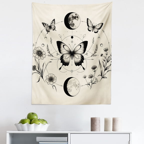Ambesonne Boho Wall Hanging Tapestry, Medieval Esoteric Leafy Floral, 23"x28", Eggshell Dark Grey