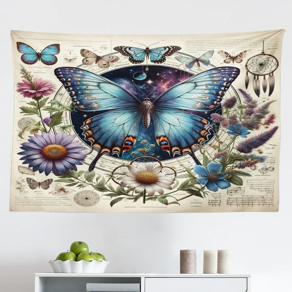 Ambesonne Boho Wall Hanging Tapestry, Medieval Witchcore Butterfly, 45"x30", Pale Blue Eggshell Green