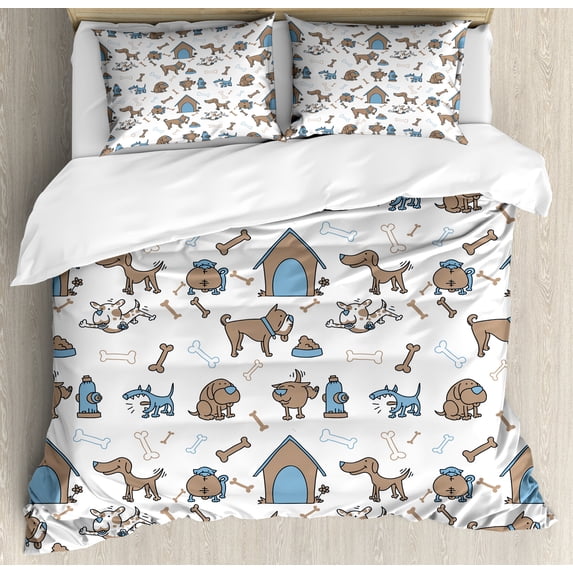 Ambesonne Bones Duvet Cover Set, Cartoon Style Dog Elements, 2-Calking, Cocoa Sky Blue