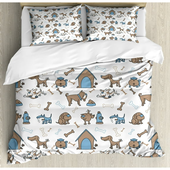 Ambesonne Bones Duvet Cover Sets, Cartoon Style Dog Elements, 2-King, Cocoa Sky Blue