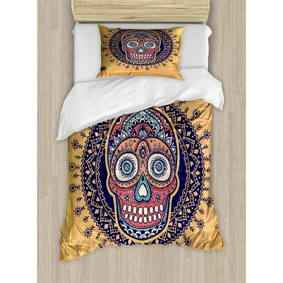 Ambesonne Bones Duvet Cover Sets, Grunge Style Halloween Skull, 2-Twin, Sand Brown Multicolor