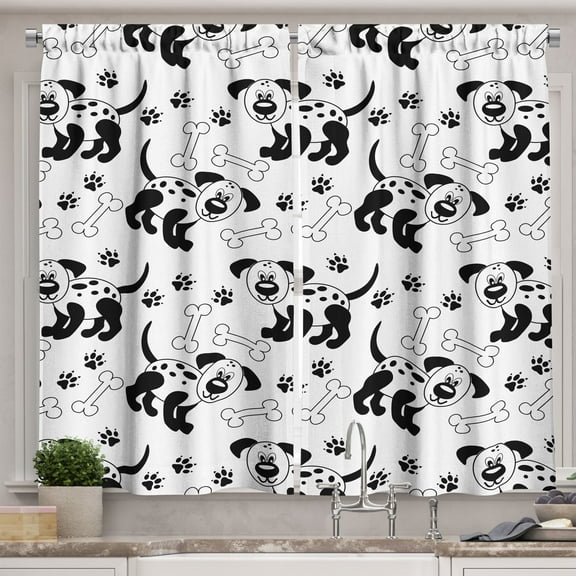 Ambesonne Bones Kitchen Curtains, Monochrome Puppy and Paws, 55"x39", Charcoal Grey and White