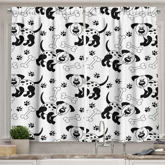 Ambesonne Bones Kitchen Curtains, Monochrome Puppy and Paws, 55"x45", Charcoal Grey and White
