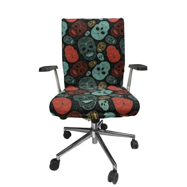 Ambesonne Bones Office Chair Cover Stretchable High Back, Ornamental Skulls Pattern, Charcoal Grey Multicolor