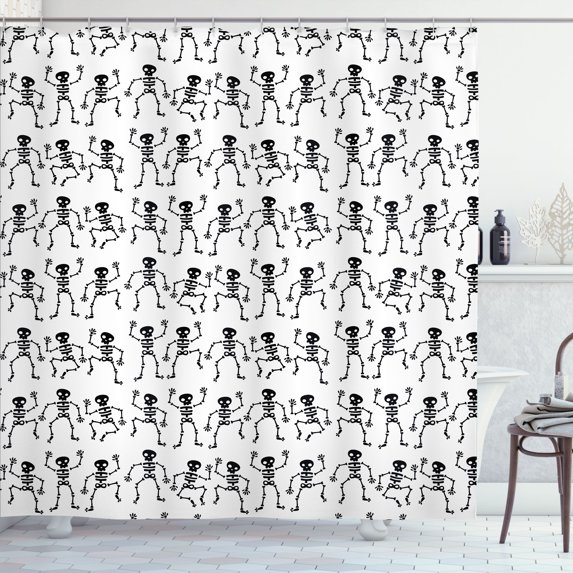 Ambesonne Bones Shower Curtain, Dancing Skeletons Pattern, 69"Wx70"L, Charcoal Grey and White