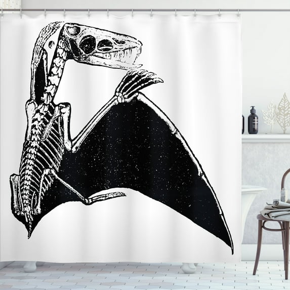 Ambesonne Bones Shower Curtain, Monotone Pterodactyl Skeleton, 69"Wx75"L, Charcoal Grey and White