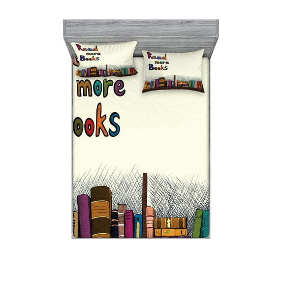Ambesonne Book Fitted Sheet & Pillow Sham Set, Read More Sketchy Colorful, Queen, Multicolor