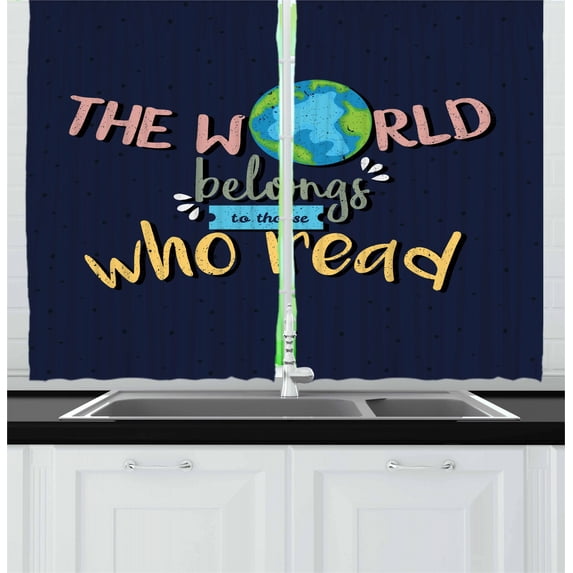 Ambesonne Book Kitchen Curtains, World Belongs to Readers, 55"x39", Multicolor