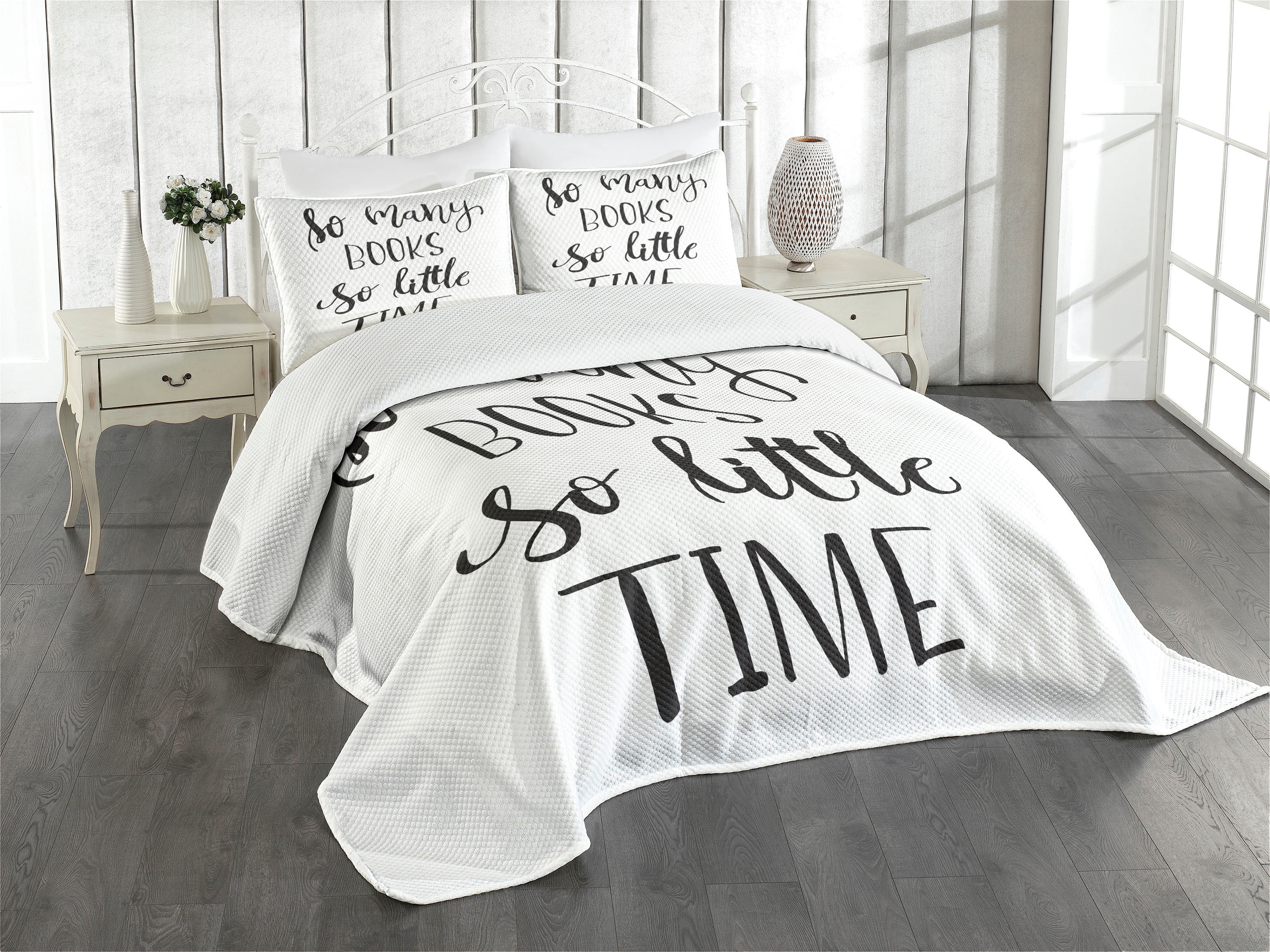 White and Charcoal Grey Quilted Twin Bedspread Set