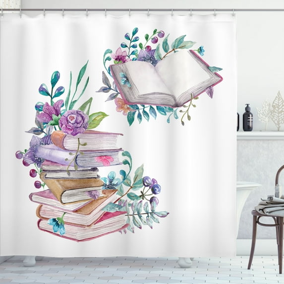 Ambesonne Books Shower Curtain, Watercolor Bookworm Floral, 69"Wx84"L, White and Multicolor
