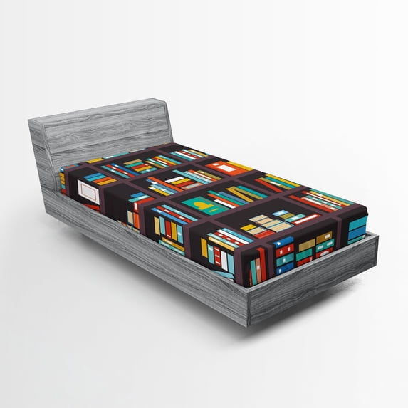 Ambesonne Bookshelf Fitted Sheet, Cartoon Colorful Books, Twin Size, Multicolor