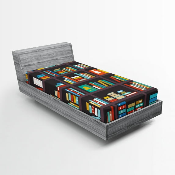 Ambesonne Bookshelf Fitted Sheet, Cartoon Colorful Books, Twin XL Size, Multicolor