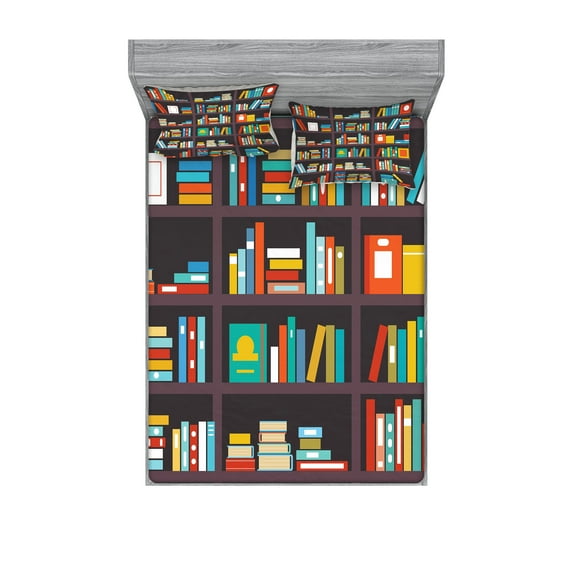 Ambesonne Bookshelf Fitted Sheet & Pillow Sham Set, Cartoon Colorful Books, King, Multicolor