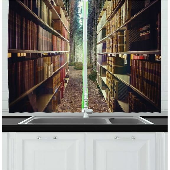 Ambesonne Bookshelf Kitchen Curtains, Abstract Library in Woods, 55"x39", Multicolor