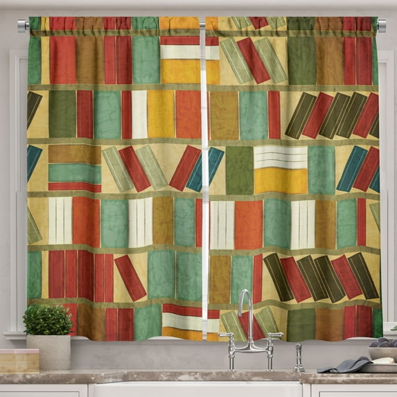 Ambesonne Bookshelf Kitchen Curtains, Vintage Library Painting, 55"x39", Multicolor