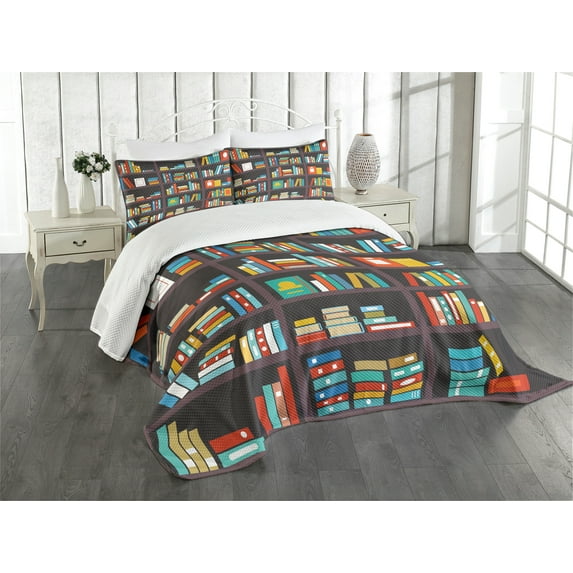 Ambesonne Bookshelf Quilted Bedspread Set 3 Pcs, Cartoon Colorful Books, King Size, Multicolor