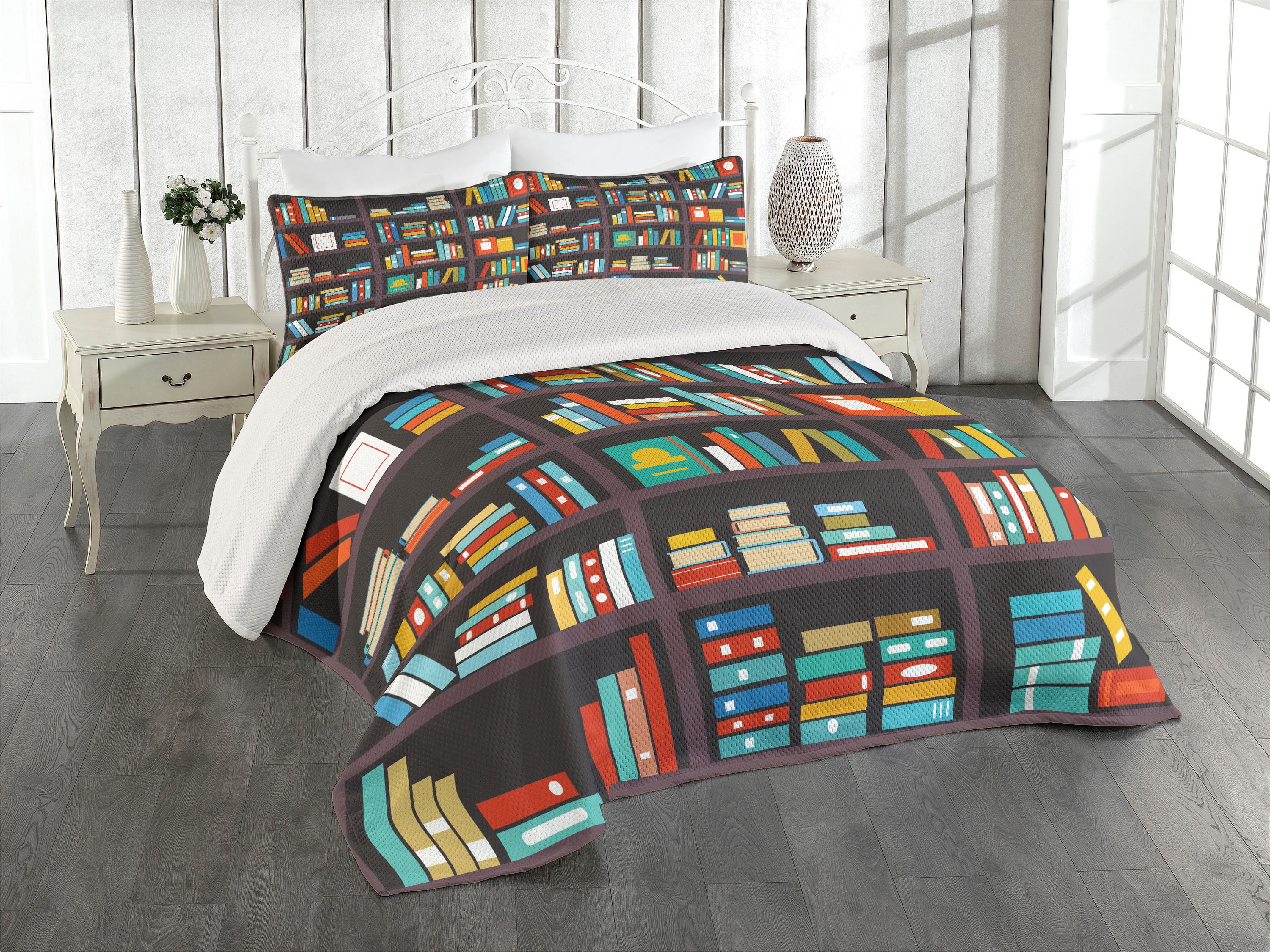 Twin White Quilted Bedspread Set with Colorful Books