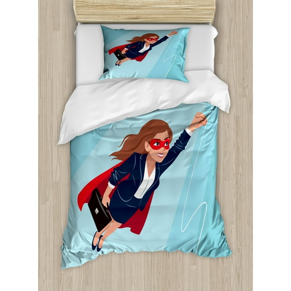 Ambesonne Boss Lady Duvet Cover Sets, Young Superhero Woman, 2-Twin, Pale Blue and Multicolor
