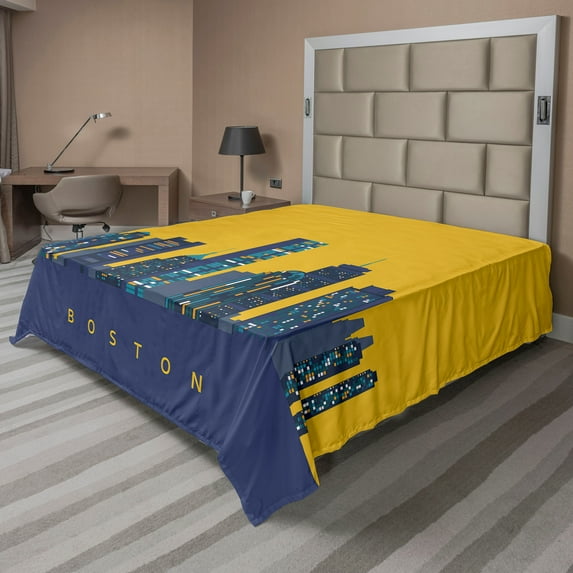 Ambesonne Boston Flat Sheet, Egg Yolk Colored Sky, Queen Size, Earth Yellow Dark Blue