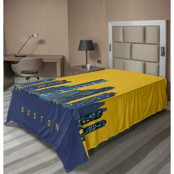 Ambesonne Boston Flat Sheet, Egg Yolk Colored Sky, TwinXL Size, Earth Yellow Dark Blue