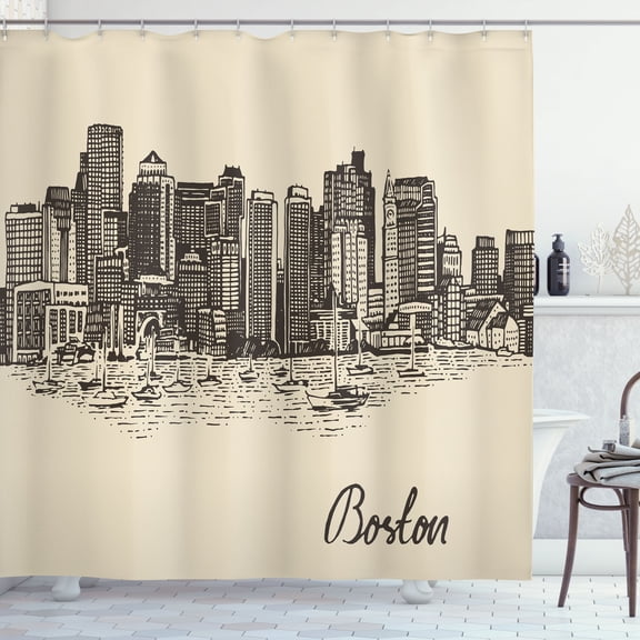 Ambesonne Boston Shower Curtain, Cityscape Sketch Art, 69"Wx70"L, Beige and Dark Cocoa