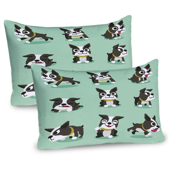 Ambesonne Boston Terrier Pillow Sham 2 Pack, Cartoon Funny Pet, 26"x20", Mint Green Dark Taupe
