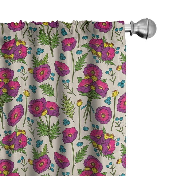 Ambesonne Botanic 4-Panel Curtains, Poppy Flower Bouquet Leaves, 56"x84", Green Pink Pale Eggshell