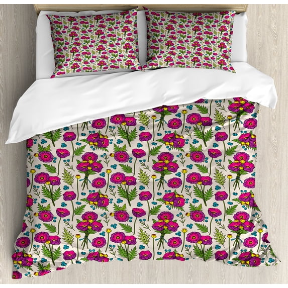 Ambesonne Botanic Duvet Cover Sets, Poppy Flower Bouquet Leaves, 2-King, Green Pink Pale Eggshell