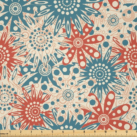 Ambesonne Botanic Fabric by the Yard Microfiber, Hippie Floral Prehistoric, 10 Yards, Vermilion Beige Teal
