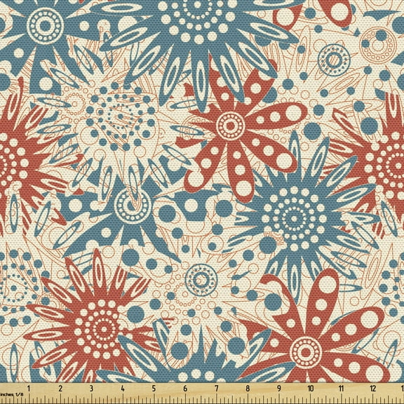 Ambesonne Botanic Fabric by the Yard Upholstery, Hippie Floral Prehistoric, 1 Yard, Vermilion Beige Teal