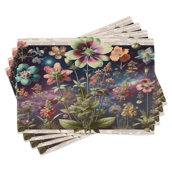 Ambesonne Botanic Place Mats Set of 4, Flowers on Outer Space Art, Standard Size, Olive Green and Multicolor