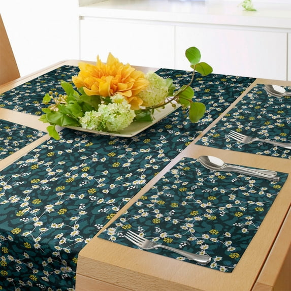 Ambesonne Botanic Table Runner & Placemats, Vintage Forest and Berries, Placemat 4 pcs + Runner 14"x90", Yellow Green Dark Teal
