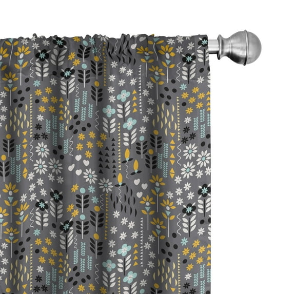 Ambesonne Botanical Window Curtains, Blossoming Floral Art, Each 28" W x 63" L, Marigold and Grey