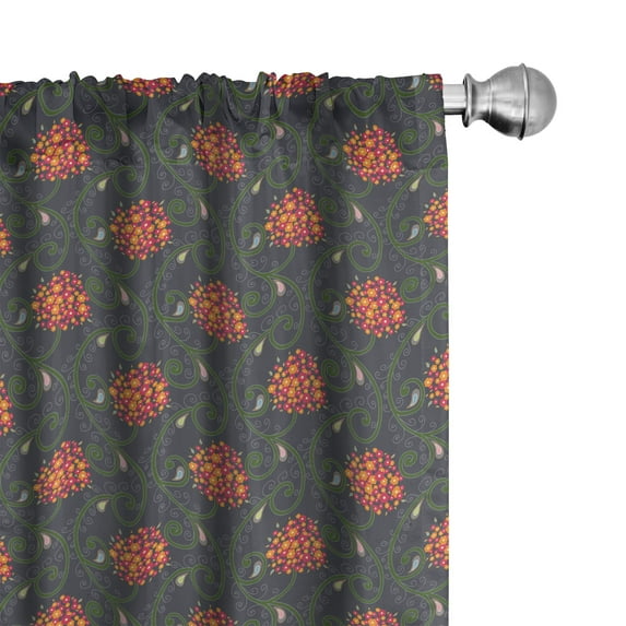 Ambesonne Botanical Window Curtains, Dark Colored Bloomings, Each 28" W x 84" L, Olive Green Orange Grey